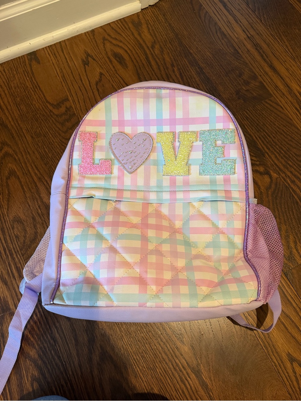 Kids Pastel Plaid 'LOVE' Backpack - Pink—OMG accessories backpack